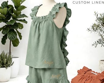 Personalized Ruffle Pajama Set, Custom Name Embroidered Sleepwear, Bridesmaid Gifts, Bridal Party PJs, Soft Cotton Lounge Set, Wedding Gift