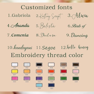 May include: A beige graphic with the text "Customized fonts" and a list of 12 font styles. Below, a color chart displays 20 embroidery thread colors, each with a corresponding number. The fonts are in a dark green color.