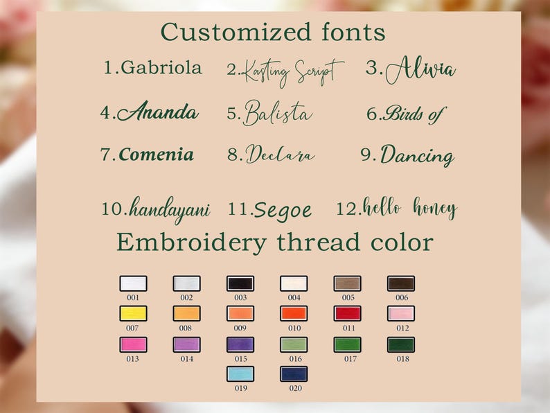 May include: A beige graphic with the text "Customized fonts" and a list of 12 font styles. Below, a color chart displays 20 embroidery thread colors, each with a corresponding number. The fonts are in a dark green color.