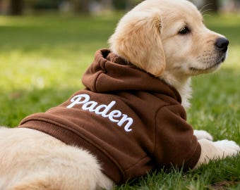 Może przedstawiać: Szczeniak golden retriever w brązowej bluzie z kapturem z białym haftem z imieniem "Paden". Pies leży na zielonej trawie, z rozmytym tłem drzew i trawy.