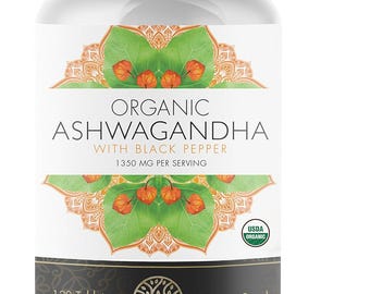 Tabletas de ashwagandha orgánicas certificadas por el USDA. Dosis alta: 1350 mg por porción.