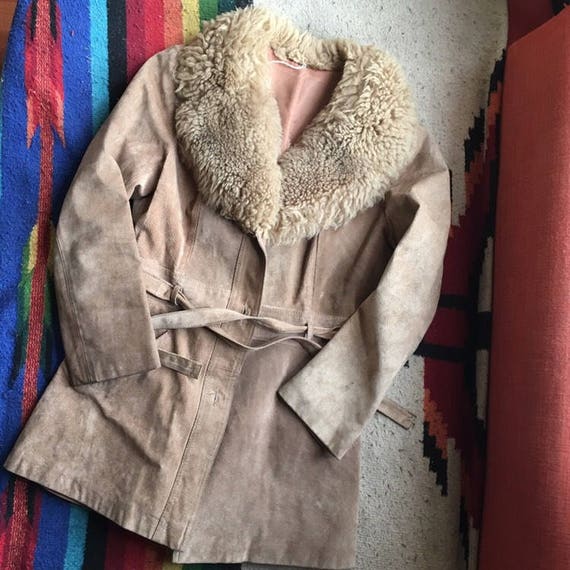 70s 80s Belted Leather Coat with Shearling Collar