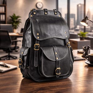Puede incluir: Una mochila de cuero negro con cierre de solapa y múltiples bolsillos. La mochila presenta herrajes dorados, incluyendo hebillas y remaches. Costuras blancas delinean los bordes de la bolsa, que se encuentra sobre un escritorio de madera.