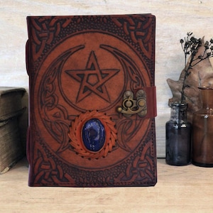 Wiccan Leather Journal with Pentacle | Triple Moon Spell Book | Handmade Witchcraft Grimoire | Pagan Diary with Gemstone & Lock | WitchyGift