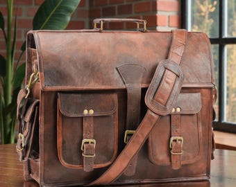 Personalized Leather Messenger Bag, Laptop Satchel Briefcase, Office Crossbody Bag, Travel Messenger Bag, Husband Valentines Gift