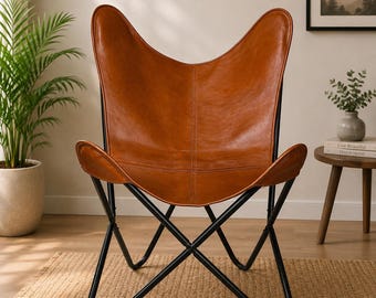 Vintage Leather Butterfly Chair, Handmade Genuine Leather Lounge Chair, Mid Century Modern Accent Chair, Boho Living Room Furniture