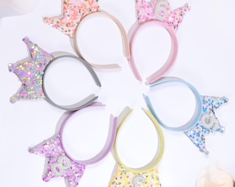 Fascia per capelli personalizzata con corona da principessa per compleanno, tiara scintillante per bambini, accessorio per capelli con glitter per feste, copricapo per bambini piccoli.