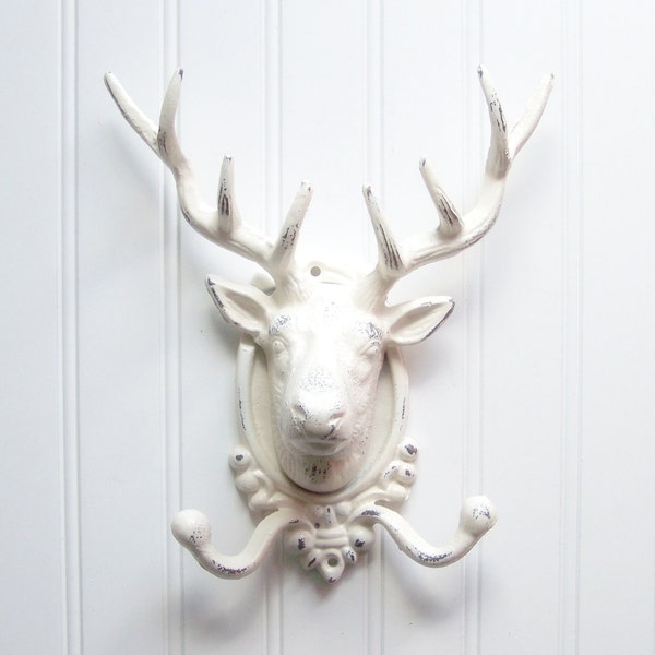 Large Deer Head Wall Hook / Cast Iron Refinished in Shabby Creamy White / Faux Taxidermy