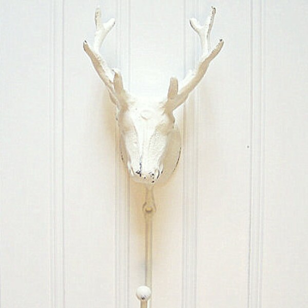 Deer Wall Hook / Cast Iron Stag Head Refinished in Shabby Creamy White / Faux Taxidermy Buck