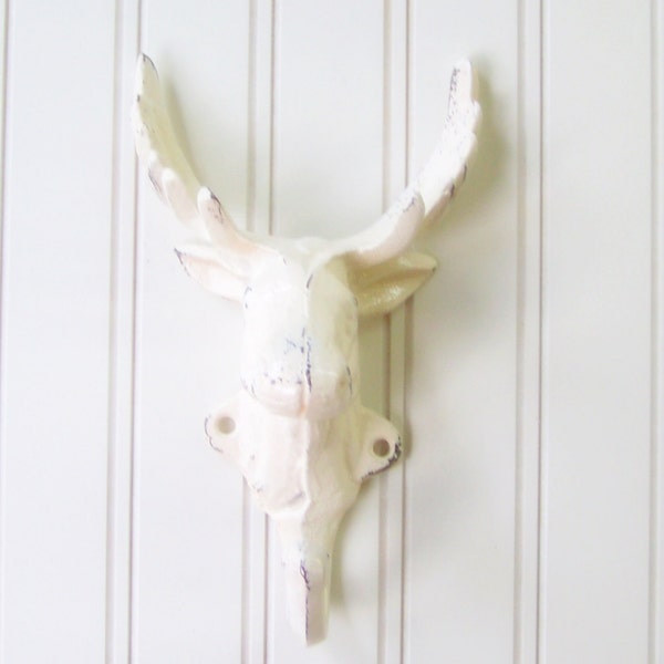 Ready to Ship / Wall Hook / Cast Iron Moose Head Refinished in Shabby Creamy White