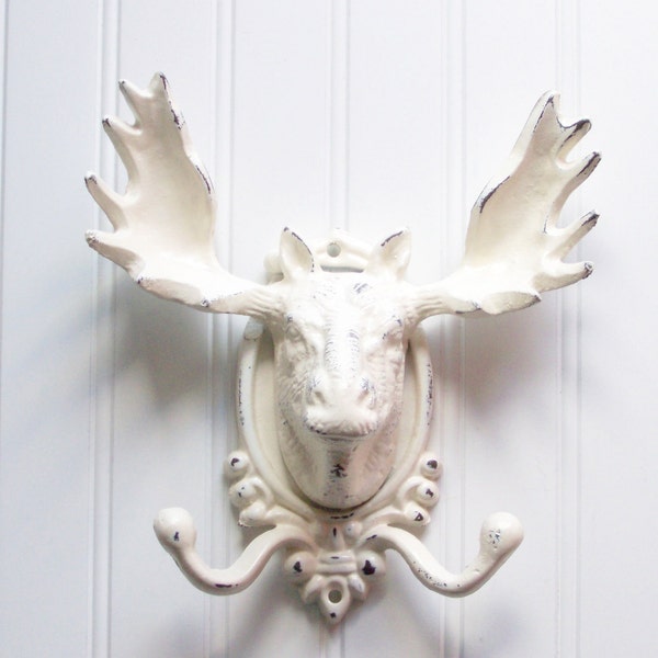 Large Moose Head Wall Hook / Cast Iron Refinished in Shabby Creamy White / Faux Taxidermy