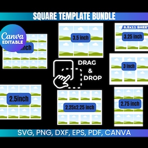 Square Template Bundle, 2.25 Inch Magnet Template, 3 Inch Square Sticker, Square Label Template, Canva Editable, Square SVG