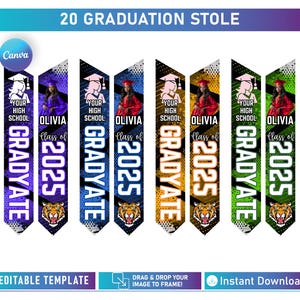 20 Graduation Stole Template Canva Bundle, Graduation Sublimation, 2025 Grad Stole Editable Graduation Design, Personalized Graduate Stole