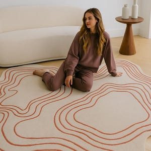 Hand Tufted Wool Area Rug: Beige & Red Abstract Minimalist Decor