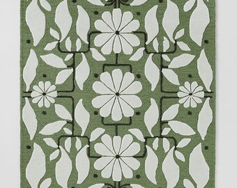 Green Floral Wool Area Rug: Hand-Tufted Botanical Carpet