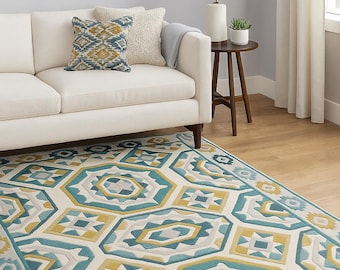 Geometric Wool Rug: Teal & Mustard Hand-Tufted Area Rug