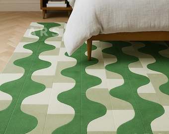 Dywan wełniany Green Wave, tkany ręcznie: geometryczny dywan w stylu Mid-Century Modern