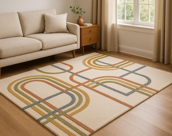 Hand-Tufted Wool Area Rug: Retro Wave Geometric Mid-Century Modern