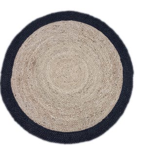 Tapis en jute tressé fait main - Tapis rond en fibre naturelle et noir | Décoration de ferme bohème respectueuse de l'environnement.