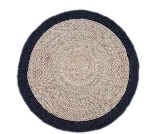 Tapete de juta trançada - Tapete redondo de fibra natural na cor preta | Decoração boho campestre ecológica.