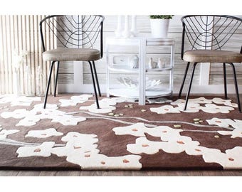 Handmade Floral Wool Rug, Brown Abstract Botanical Carpet