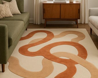 Terracotta Curve Wool Rug: Modern Abstract Beige Hand-Tufted Carpet