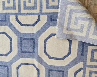 Hand Knotted Wool Rug, Modern Blue Geometric Carpet, Handmade in India