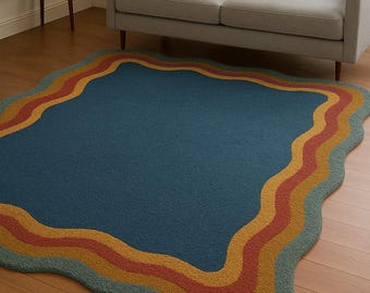 Hand-Tufted Wool Area Rug: Modern Abstract Colorful Wave Design