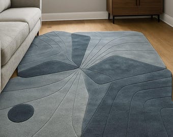 Geometric Area Rug: Blue & Grey Abstract Wool Carpet, 8x10