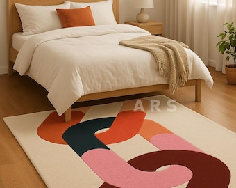 Modern Geometric Rug – Colorful Interlinked Abstract Carpet for Contemporary Home Decor, 8x10 Area Rug.