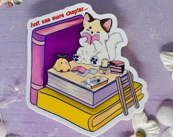 Bookish Cat Vinyl Sticker: "Just One More Chapter" - Laptop, Journal
