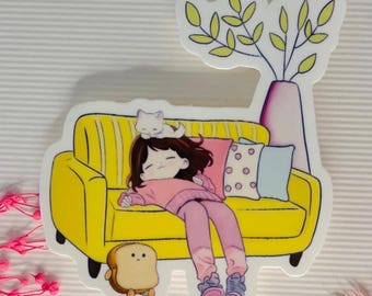 Kawaii Girl and Cat Nap Sticker - Cozy Laptop Journal Vinyl Decal