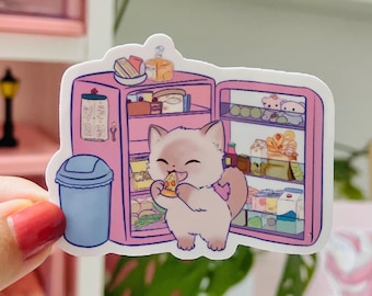 Cute Midnight Snack Cat Vinyl Sticker – Kawaii Fridge Cat Sticker – Foodie Cat Sticker for Laptop, Journal,  Bottle – Funny Cat Lovers Gift