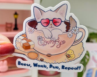 Cat in Teacup Vinyl Sticker: Brew Work Pur Repeat - Cozy Tea Lover Gift