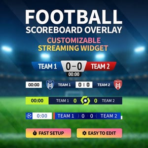 May include: A digital football scoreboard overlay featuring multiple customizable streaming widget designs with team name placeholders, score counters, and game clocks, displayed against a blurred stadium background with the text FOOTBALL SCOREBOARD OVERLAY.
