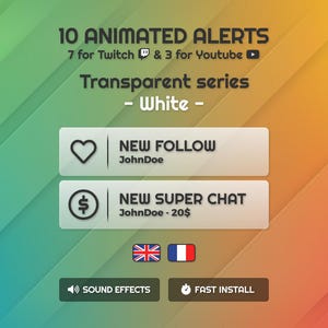 Alertes de flux minimal minimalistes – Pack d'alertes Twitch et YouTube animées blanches (.webm) | Conception transparente | Configuration facile de StreamElements (EN/FR)