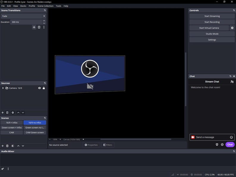 May include: Screenshot of the OBS Studio interface, a popular live streaming and video recording software. The dark interface displays various controls, scenes, and sources, with a prominent logo in the center.