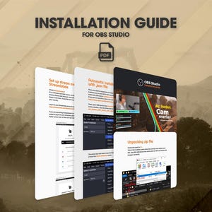 May include: Installation guide for OBS Studio, featuring a PDF icon and several open documents. The documents display instructions for setting up stream labels, automatic installation with JSON files, and unpacking zip files. The image has a sepia tone.