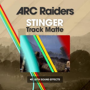Può includere: Immagine promozionale per "ARC Raiders" con il testo "STINGER Track Matte". L'immagine mostra una scena di gioco con un soldato in un ambiente piovoso. Un design a strisce diagonali colorate sovrappone la scena e un pulsante recita "WITH SOUND EFFECTS."