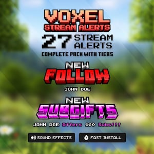 May include: A digital graphic pack featuring pixelated text that reads VOXEL STREAM ALERTS, 27 STREAM ALERTS COMPLETE PACK WITH TIERS, NEW FOLLOW, JOHN DOE, NEW SUBGIFTS, JOHN DOE Offers 100 Subs!!!, SOUND EFFECTS, and FAST INSTALL in red and purple.