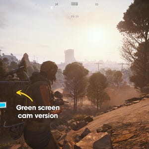 May include: A screenshot from a video game featuring a first-person perspective of a character in a combat scenario. The scene is set in a mountainous, outdoor environment with a bright sun. A small inset shows a person wearing headphones.