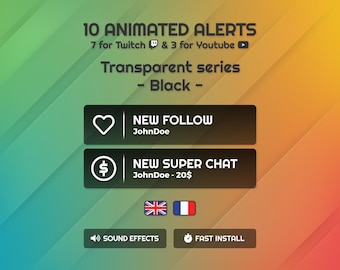 Alertes minimales de flux animés - Pack d'alertes Twitch et YouTube noir transparent (.webm) | Conception de superposition épurée | Installation facile (EN/FR)