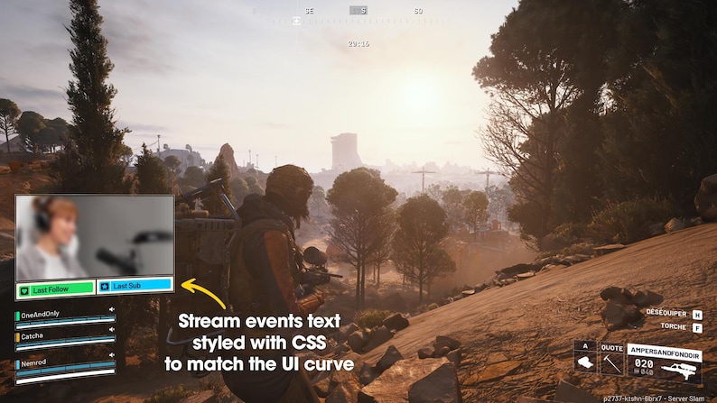 May include: A scenic video game landscape with a person in the foreground, holding a weapon. The scene includes a user interface with streaming event notifications and the text "Stream events text styled with CSS to match the UI curve."