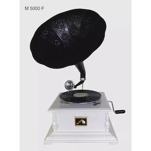 Deluxe White Gramophone Player 78 rpm phonograph Brass Horn HMV Vintage Wind Up