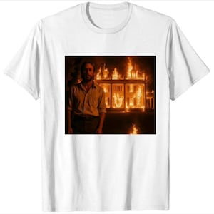 May include: White t-shirt featuring a man standing in front of a burning house. The man is wearing a button-down shirt and pants. The house is engulfed in flames, with bright orange and yellow hues dominating the scene.