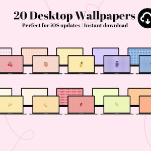 May include: An illustration of 20 desktop wallpapers with fruit and dot patterns on a pink background. The text reads "20 Desktop Wallpapers" and "Perfect for iOS updates | Instant download".