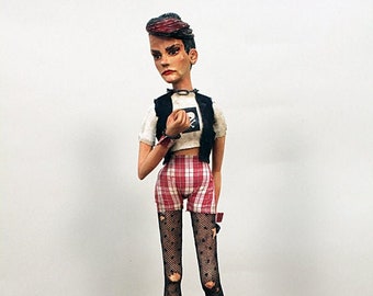 Janie - OOAK Figure by Automata Artist Tom Haney - Hand-carved Basswood Body, Sculpted Head, Handmade clothes - Punk Rock Girl with Fishnets