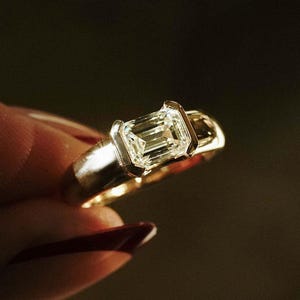 Emerald Cut Unisex Engagement Ring, Half Bezel Set Moissanite Ring, Statement Ring, Wedding Ring, Anniversary Gifts for Him,Yellow Gold Ring