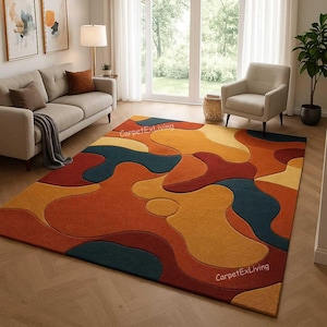 Retro Style Hand-Tufted Wool Area Rug, 8x10 Multicolor Abstract Carpet in Rust, Mustard, Teal & Orange Custom Size Large Rug for Living Room
