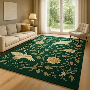 Emerald Crane Garden Wool Rug, Hand-Tufted Floral Area Rug with Birds, Vintage Asian-Inspired Living area, Bedroom, Kids Room, Nursery Decor
